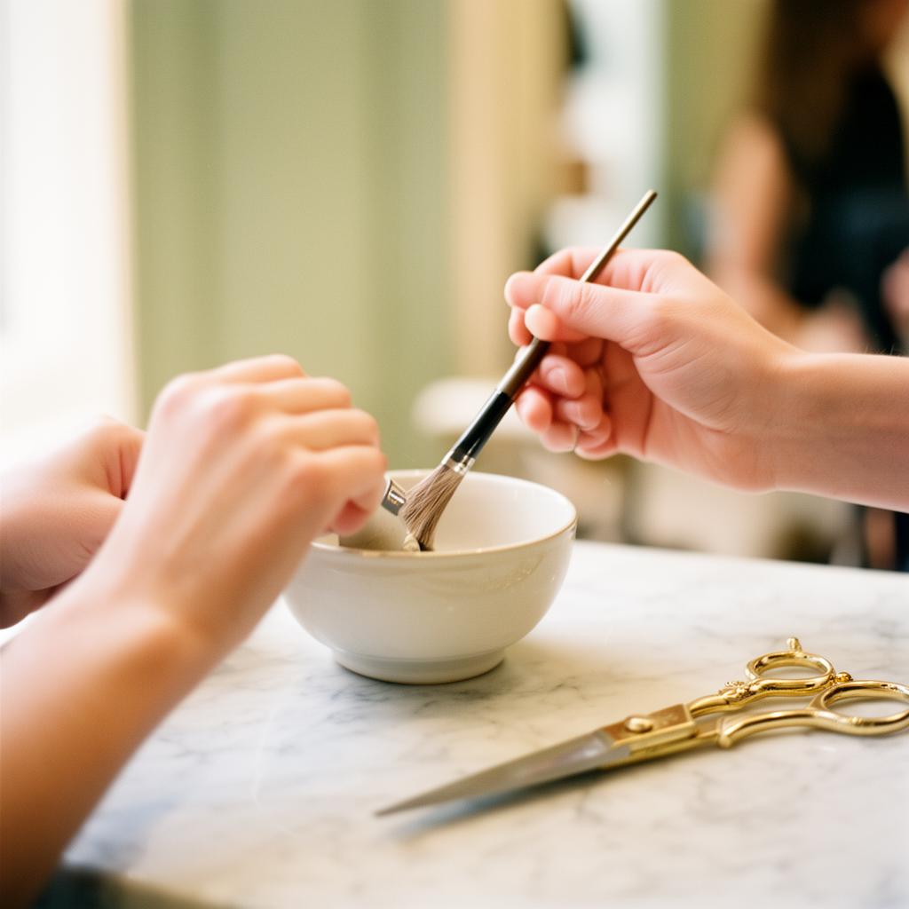 Amanda's hands at work — colour brush, marble counter, antique gold scissors