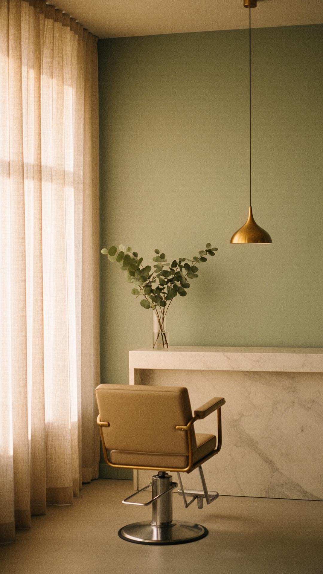 The Oxley Plus salon interior in Mooloolaba — sage walls, marble counter and soft natural light