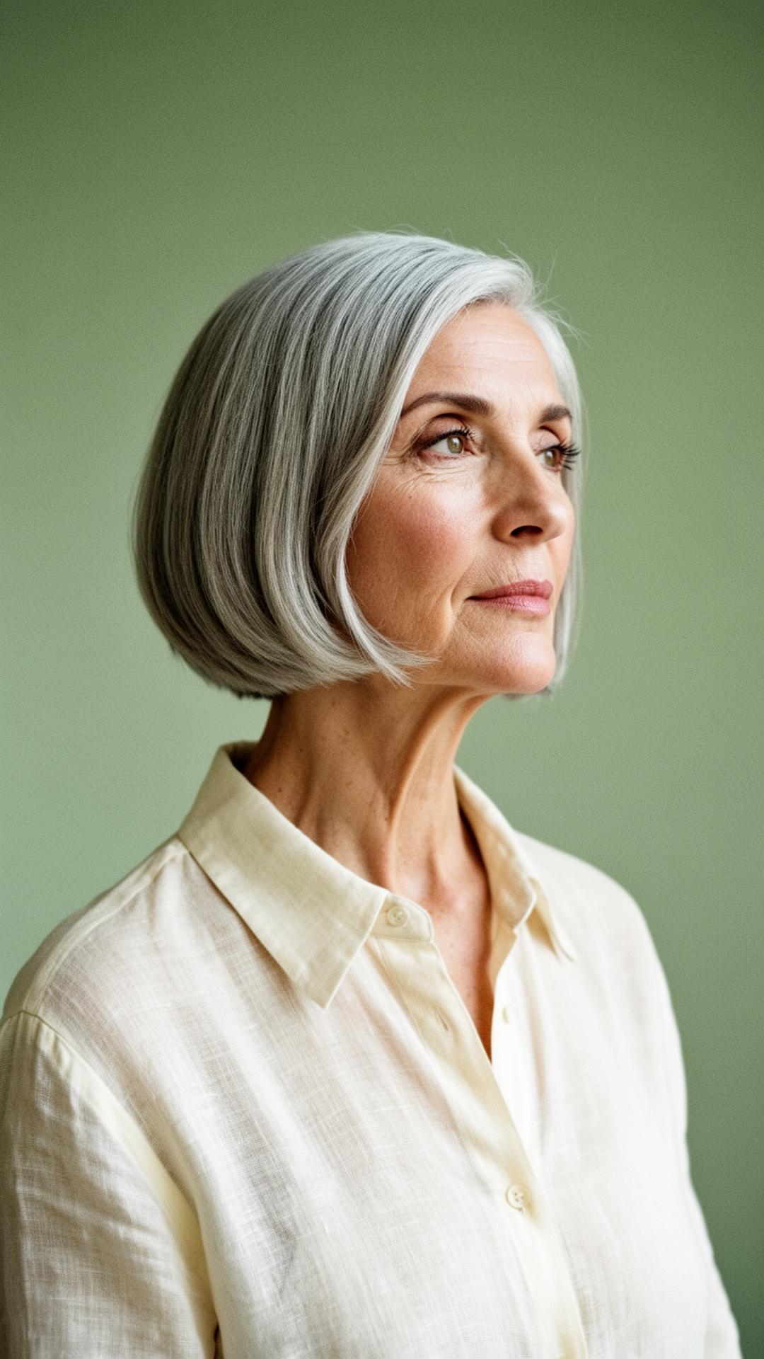 Portrait of Amanda Oxley wearing a cream linen shirt against a sage green wall